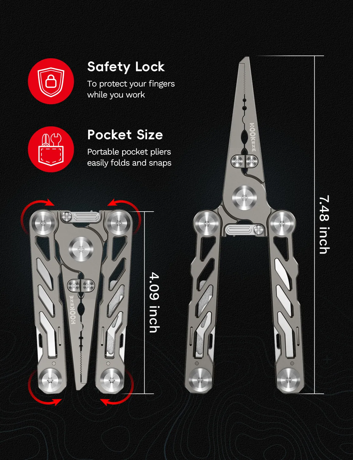 HookEze Folding Fishing Pliers | With Belt Pouch & Lanyard