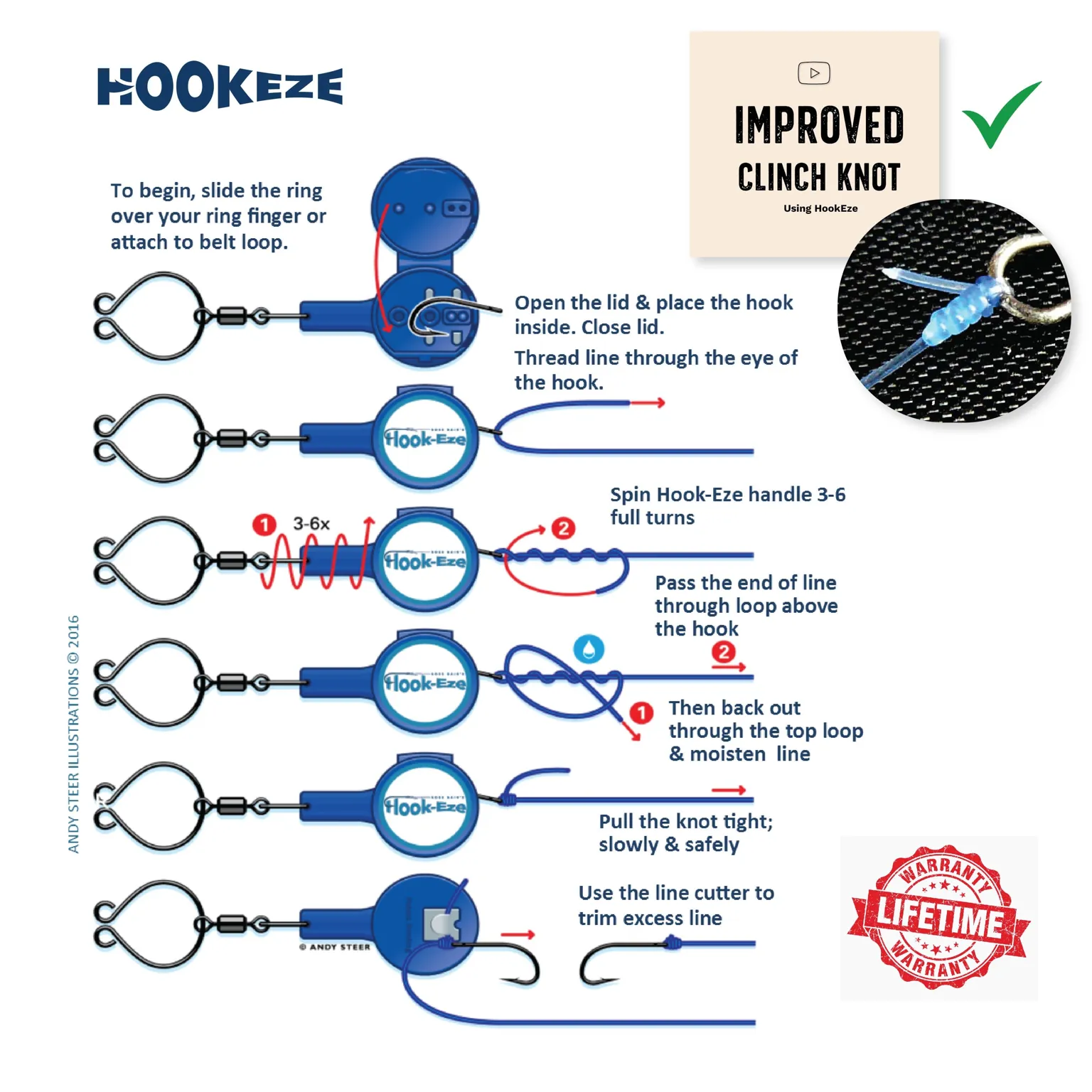 HookEze Fishing Knot Tying Tool (Standard) | Pack of 2 | Yellow
